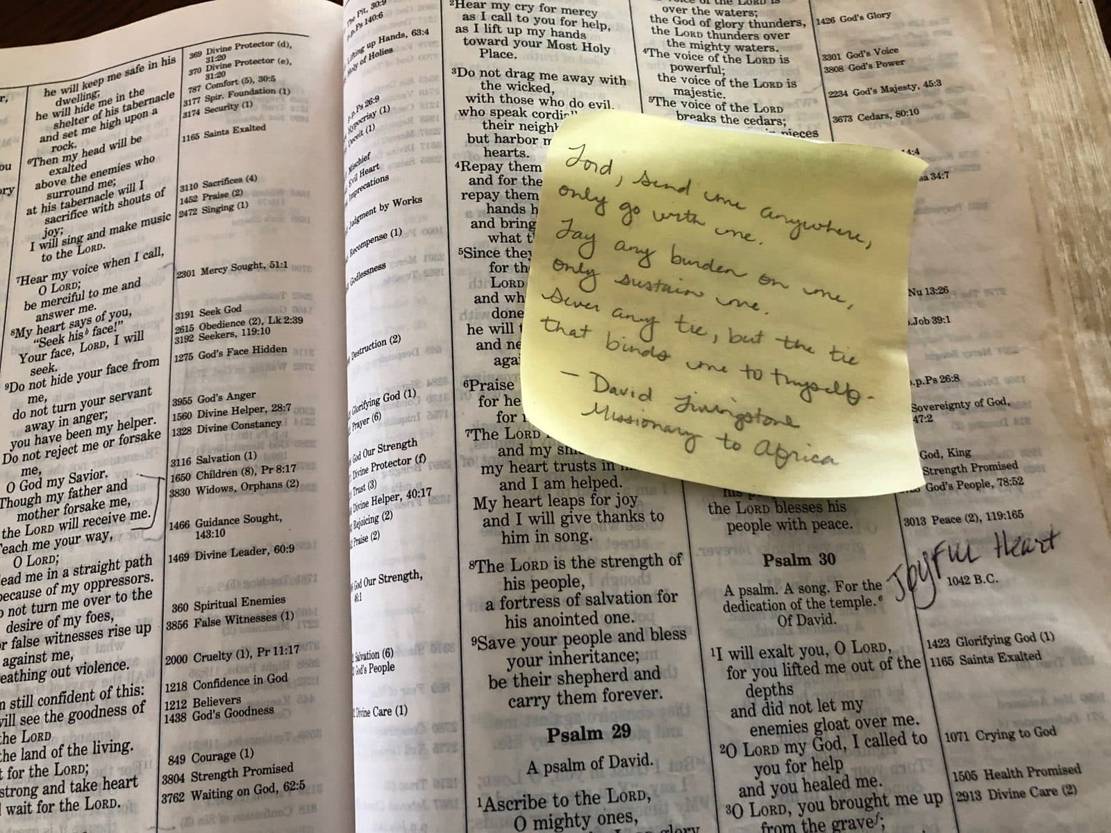 The David Livingstone prayer, handwritten on a note kept on the family's open Bible